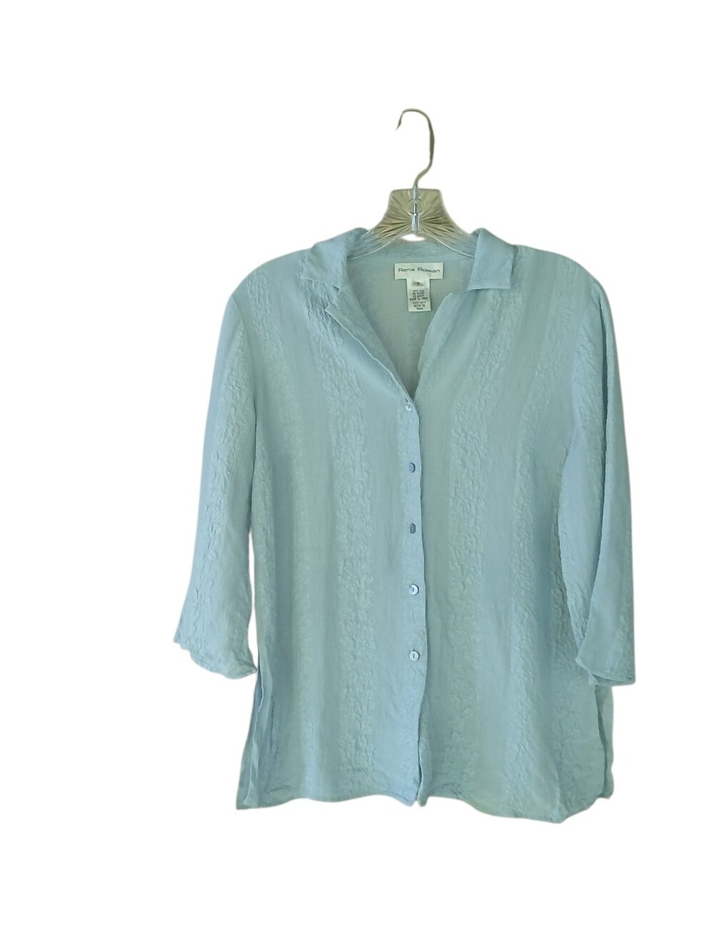 Rena Rowan Light Blue 3/4 Sleeve Crinkled Silk Button Down Shirt Size 6